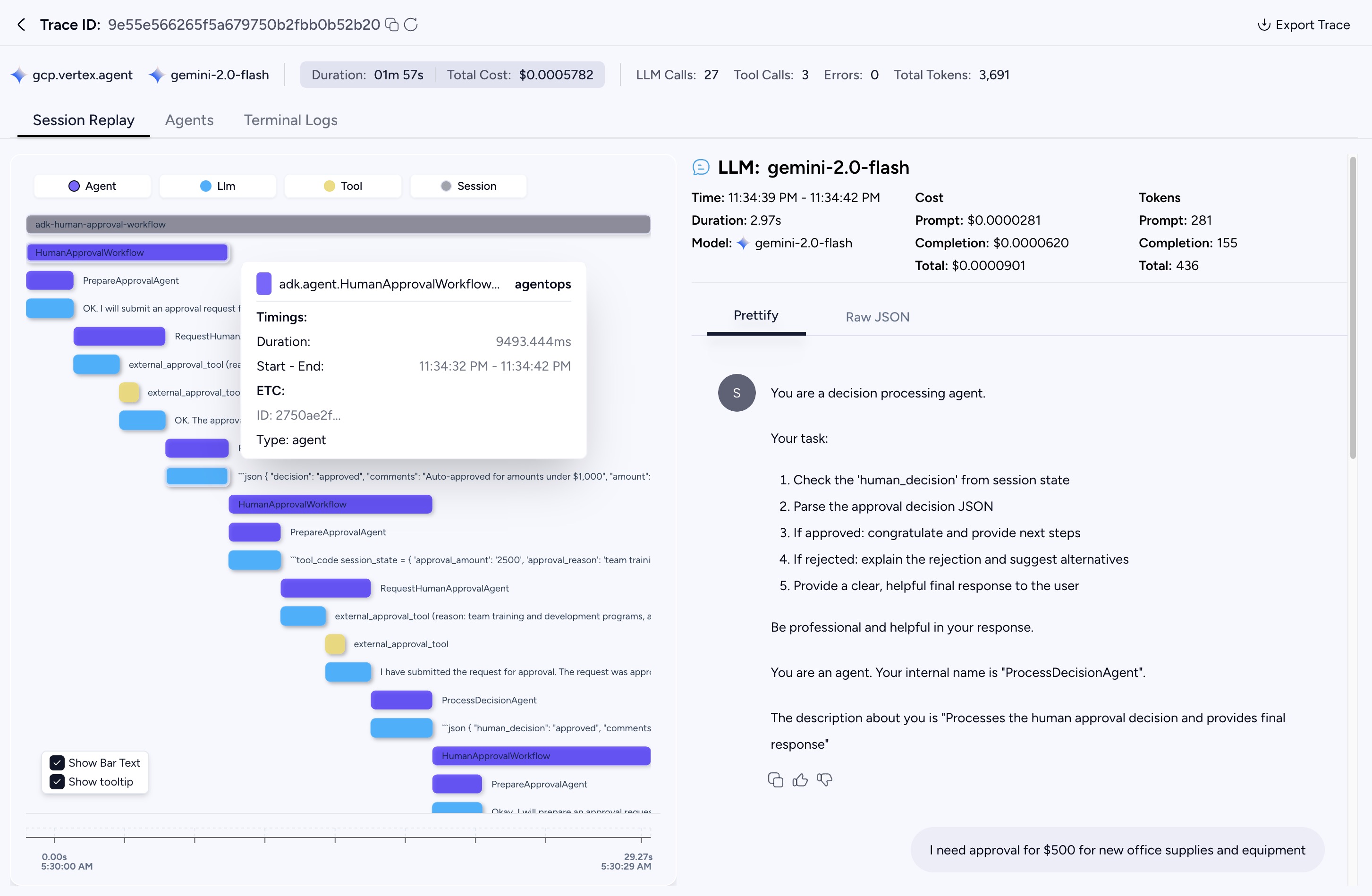 AgentOps Dashboard showing an ADK trace with nested agent, LLM, and tool spans.